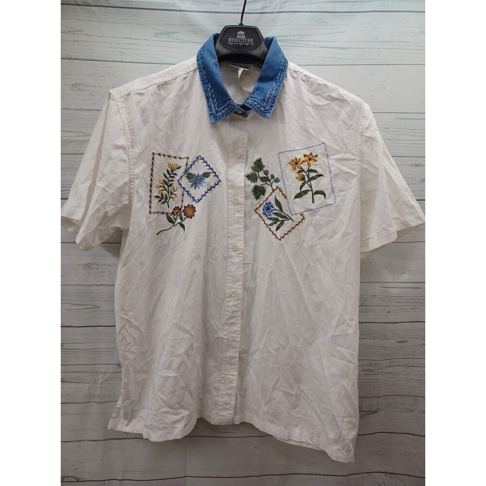 Vtg 90’s Bobbie Brooks Womens Short Sleeve Shirt Floral Embroidery 22W/24W Butto